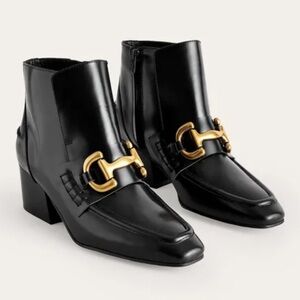 Boden Black Leather Ankle Heeled Boots with Gold Hardware